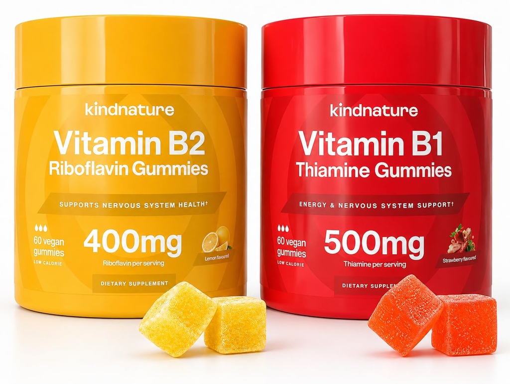 B-Vitamine boost: B1 Thiamine 500mg & B2 Riboflavin 400mg Duo Gummy pour les enfants et les adultes