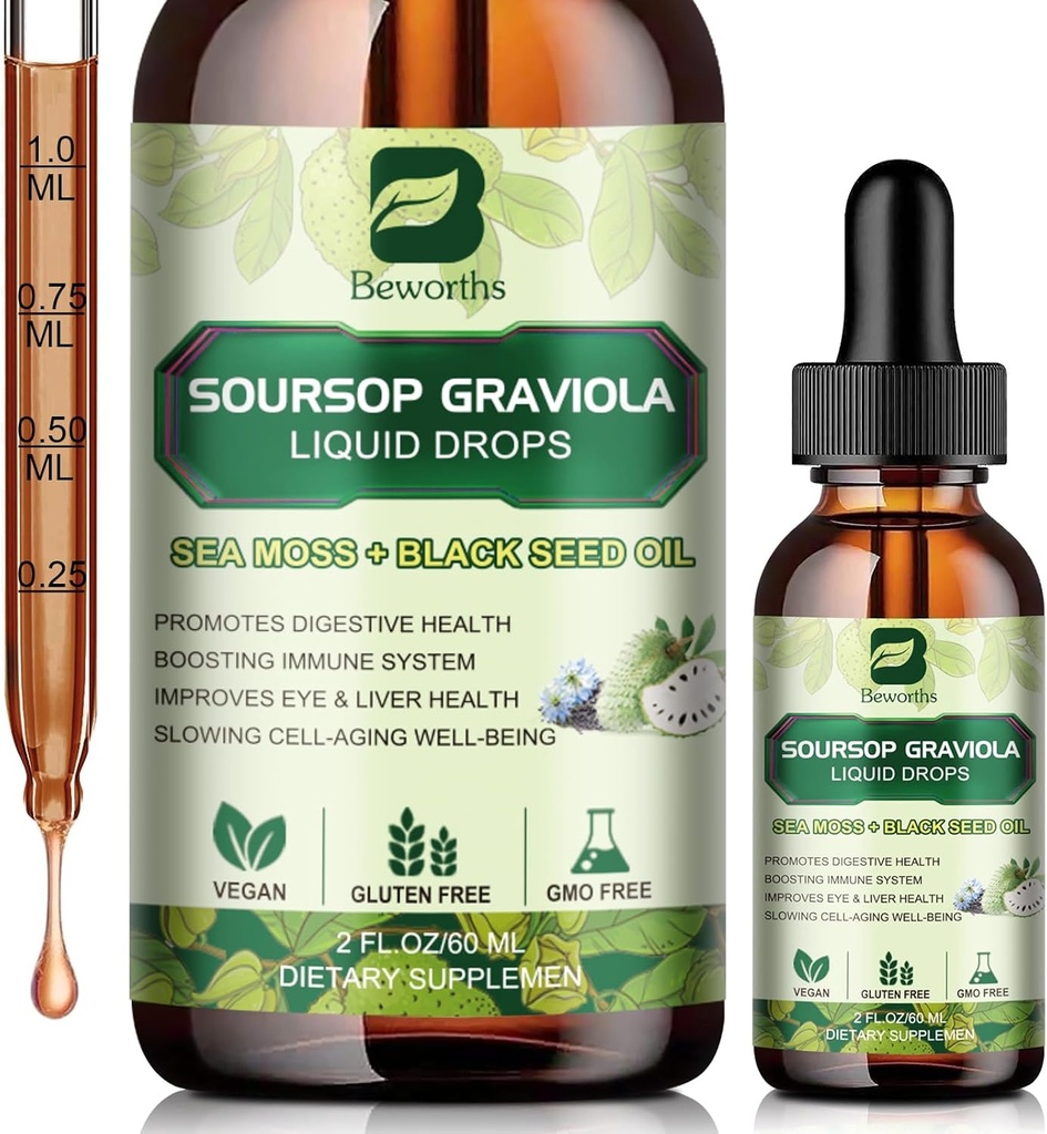 Soursop Bitters Liquid Drops, Soursop Graviola Leaf Extract Multivitamine Drops with Sea Moss Black Seed Oil Supplement - Ondersteunt Antioxidant, Langzame Cell-Aging, Gut Cleanse, Detox & Immunity Health