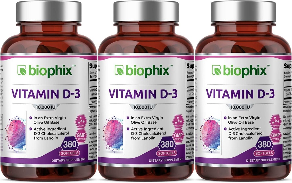 biophix Vitamine D-3 10000 IE 380 Softgels 3 Pack - High-Potency in Extra Virgin Olive Oil Non-GMO Soy-Free ondersteunt sterke botten Immune Health
