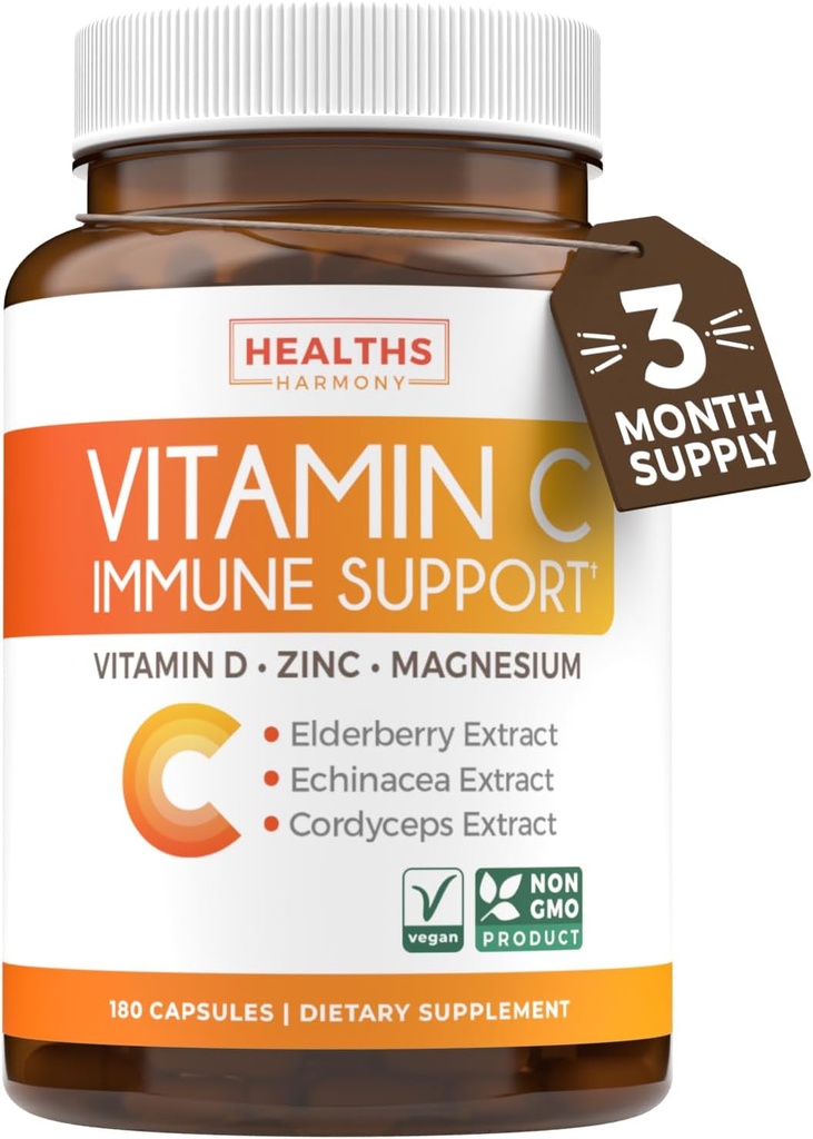 Vitamine C Immuun Ondersteuning Supplement - Immuun Boost Blend met Vlierbessen Vitamine C en Zink voor dagelijkse en seizoensondersteuning - Magnesium Zink VIT C & D en Herbal Defense Complex (3 maanden levering)