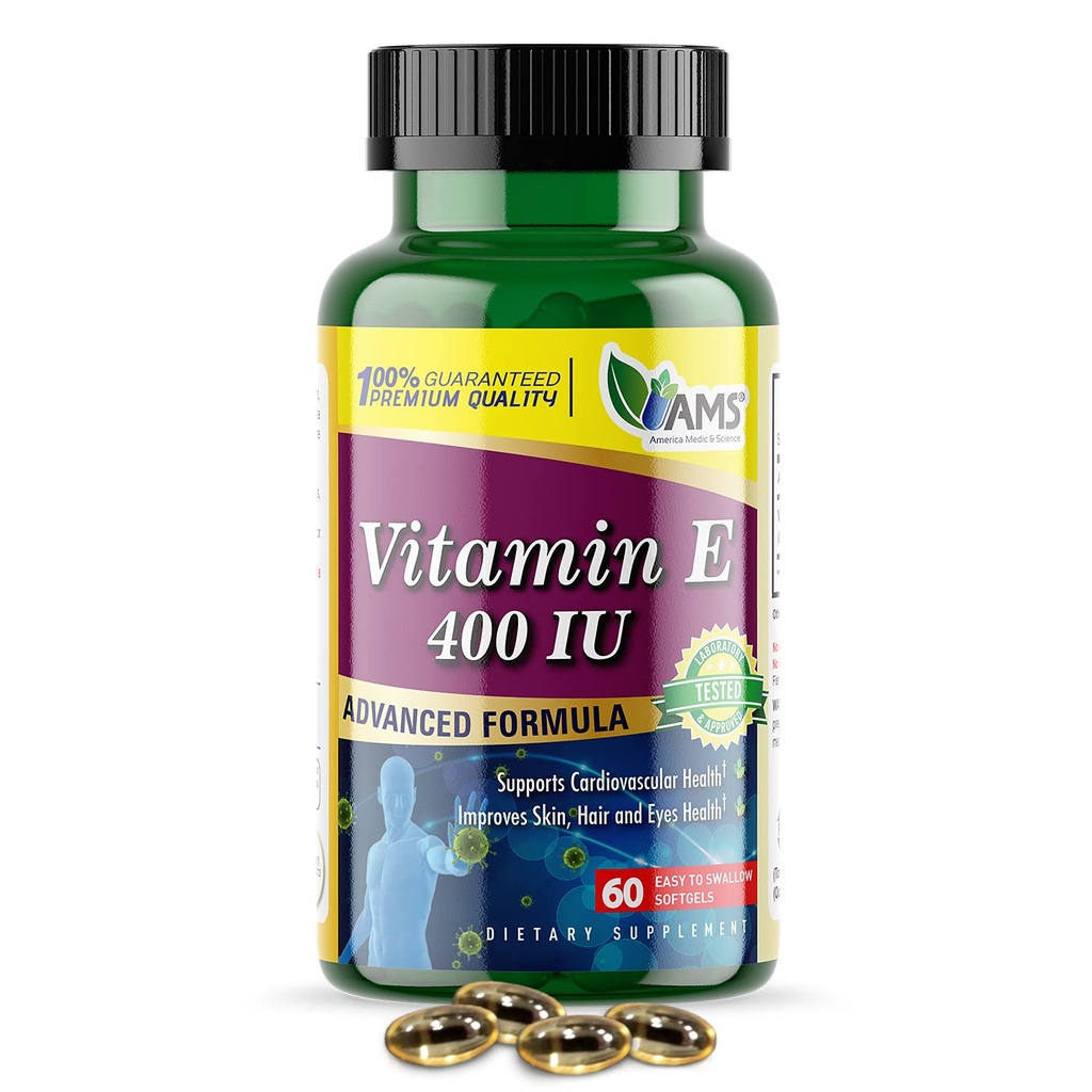 America Medic & Science Vitamine E 400 UI (60 Softgels) Supplément alimentaire qui soutient la santé cardiaque, favorise la santé de la peau, des cheveux, des yeux et du système immunitaire