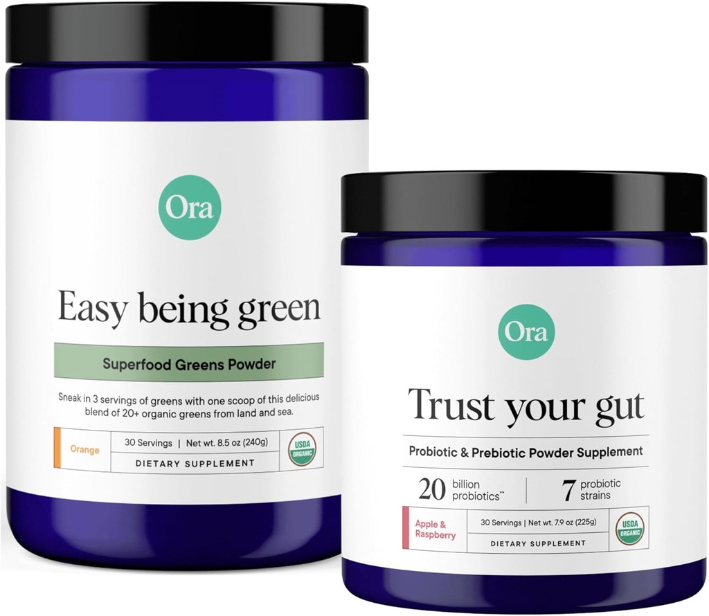 Ora Organic Prebiotic & Probiotic Powder & Greens Powder Bundle: 20 miljard Probiotic, Apple & Raspberry Flavor, 30 porties & 20+ Superfood Greens Blend - Citrus smaak, 30 porties