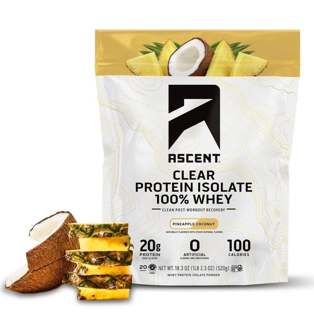 Ascent 100% Clear Whey Protein Powder - Post Workout Whey Protein Isolate, Zero Artificial Flavors & Sweeteners, Gluten Free, 5.5g BCAA, 2.1g Leucine, Essential Amino Acids, Pineapple Coconut, 20 Serv