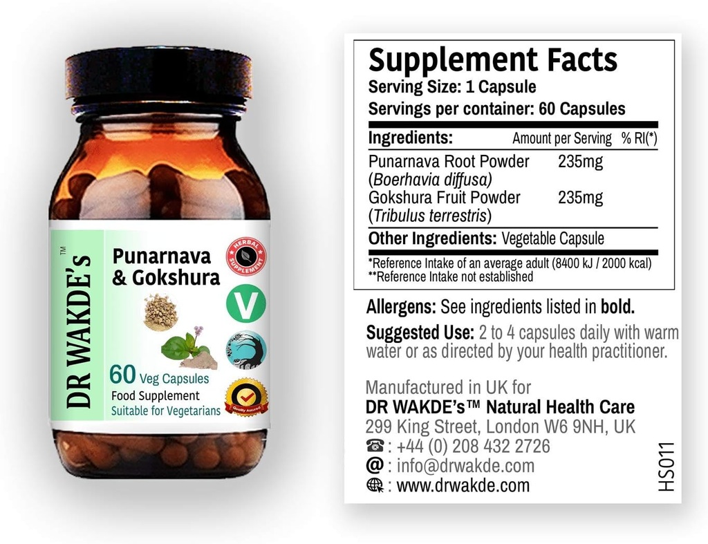 Les capsules de DR WAKDE Punarnava & Gokshura (60 capsules de légumes, favorise la grippe urinaire saine, supplément ayurvédique, végétalien, à base de plantes, tout naturel, fabriqué au Royaume-Uni)