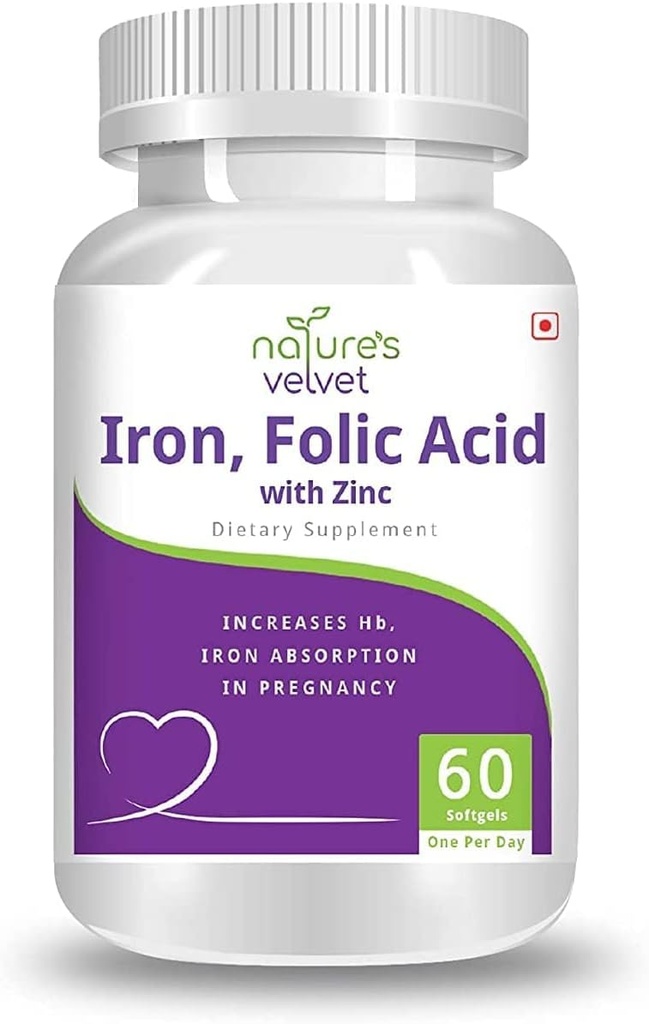 AZAZ Natures Velvet Lifecare Iron & Folic Acid met zink, ter aanvulling bij zwangerschap, 60 softgels