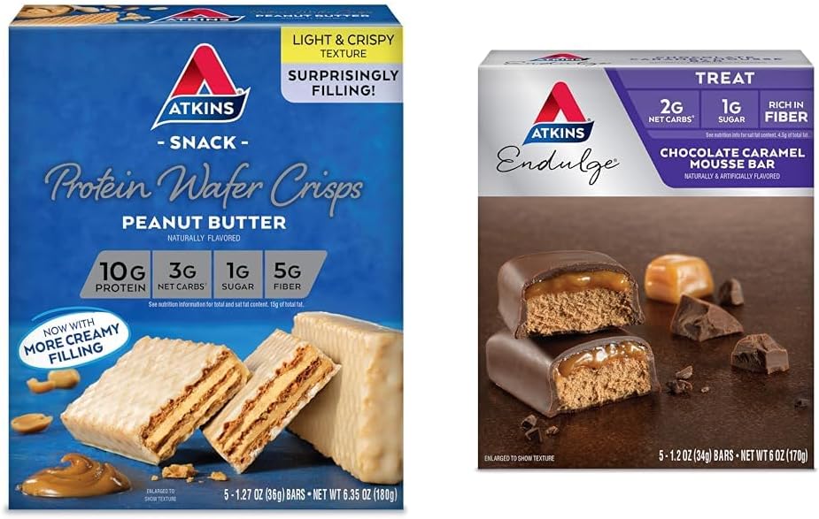 Atkins Peanut Butter Protein Wafer Crisps 5 Tel en Chocolade Caramel Mousse Bars 5 Tel Bundle