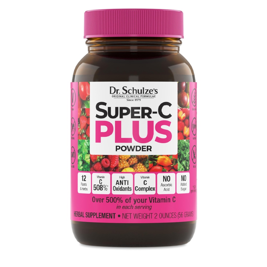 Super-C Plus du Dr Schulze - Supplément de vitamine C pour le soutien immunitaire - Santé de la peau et soutien antioxydant - Formule à haute puissance - Superaliments végétaux - Sans gluten et végétalien - 2 oz (20 portions)