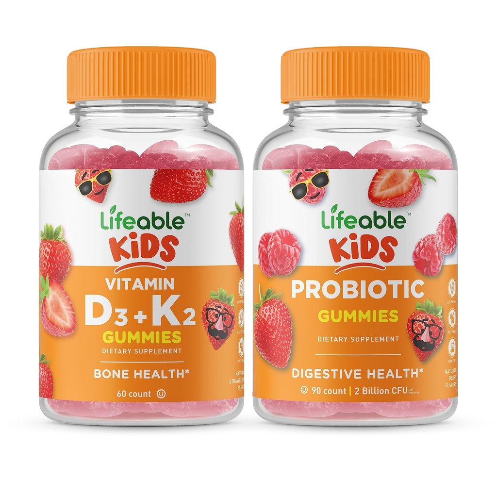 Levensbaar Vitamine D3 + Vitamine K2 Kids + Probiotic 2 Miljard CFU Kids, Gummies Bundle - Geweldige Proeverij, Vitamine Supplement, Glutenvrij, GGO-vrij, Kauwbare Gummy