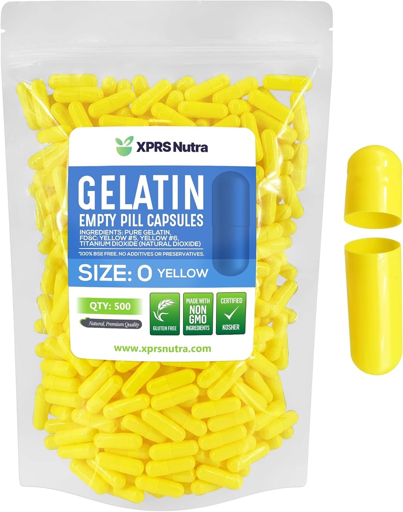 XPRS Nutra Formaat 0 Lege capsules - 500 Tellen Gelatine Capsules in kleur - Pillen DIY Supplement Capsule Vulbare Gel Caps Pillen voor Do-It-Yourself Supplements (Geel)