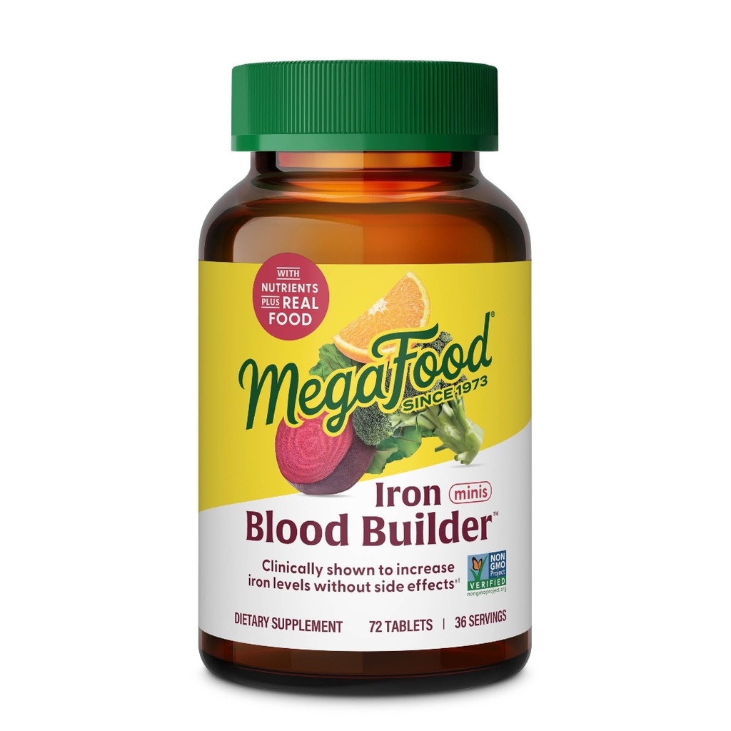MegaFood Blood Builder Iron Supplement for Women & Men - Verhoog ijzerniveaus zonder bijwerkingen - Bestrijding vermoeidheid - Vitamine B12, foliumzuur en vitamine C - Vegan - 72 Mini tabletten (36 porties)