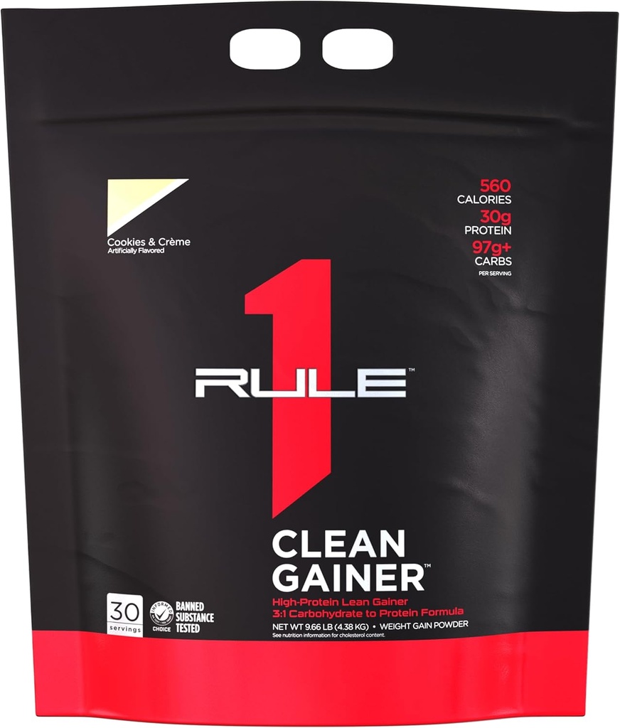 Règle 1 Gaineur propre - Formule de gain de maigre à haute protéine avec 560 calories, 30g de protéines de plein spectre, plus de 90g de glucides, moins de 6g de gras (30 portions, cookies et crème)