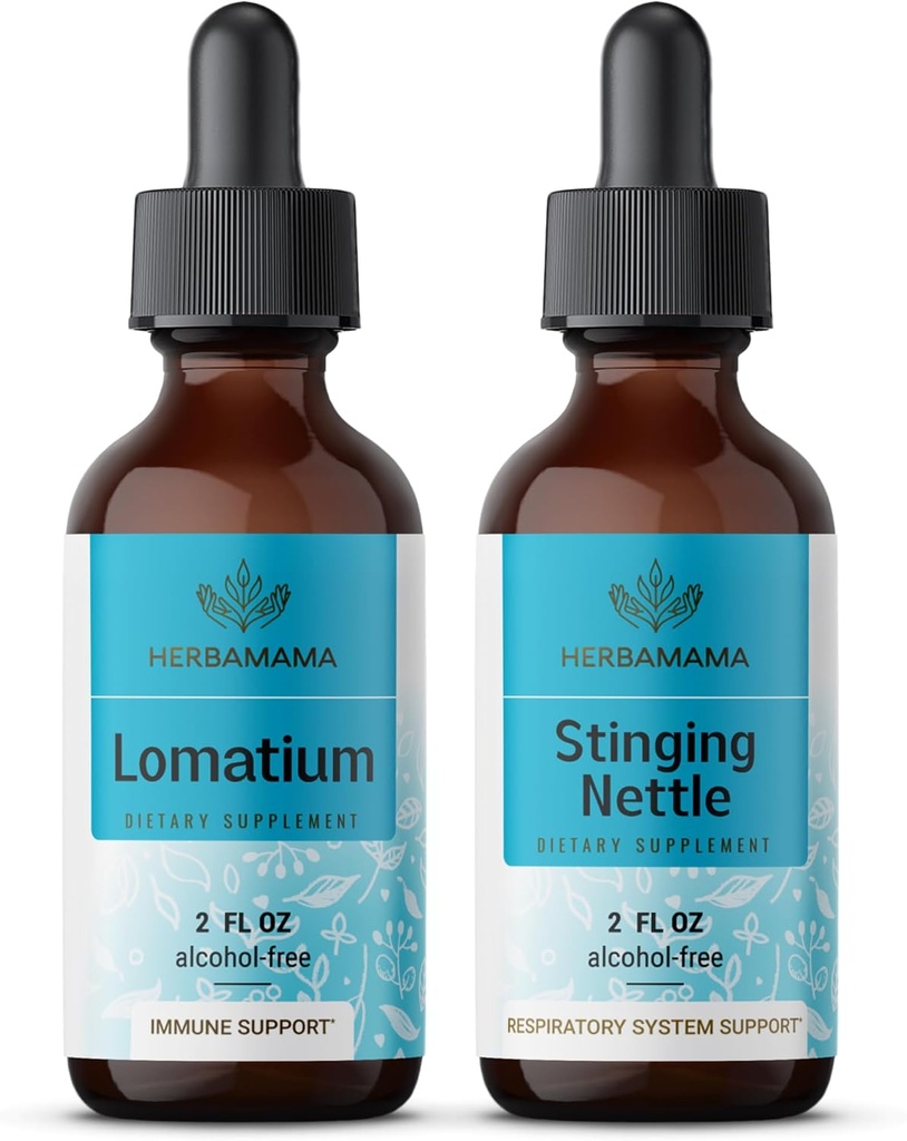 HERBAMAMA Herbal Liquid Drops Kit - Bundel Lomatium Root Extract en Stinging Nettle Tinctuur 2 fl oz - Vegan, Non-GMO, Sugar & Alcohol-Free - 2 Pack