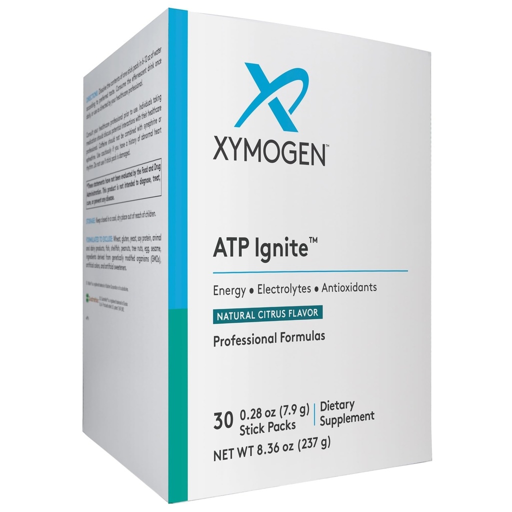 XYMOGEN ATP Ignite Revitaliserende Energie Drinkpoeder - Ondersteunt Electrolyte Vervanging + ATP Biosynthese met Antioxidanten, Aminos, Vitaminen, Elektrolyten + 95mg Cafeïne (30 Citrus Stick Packs)