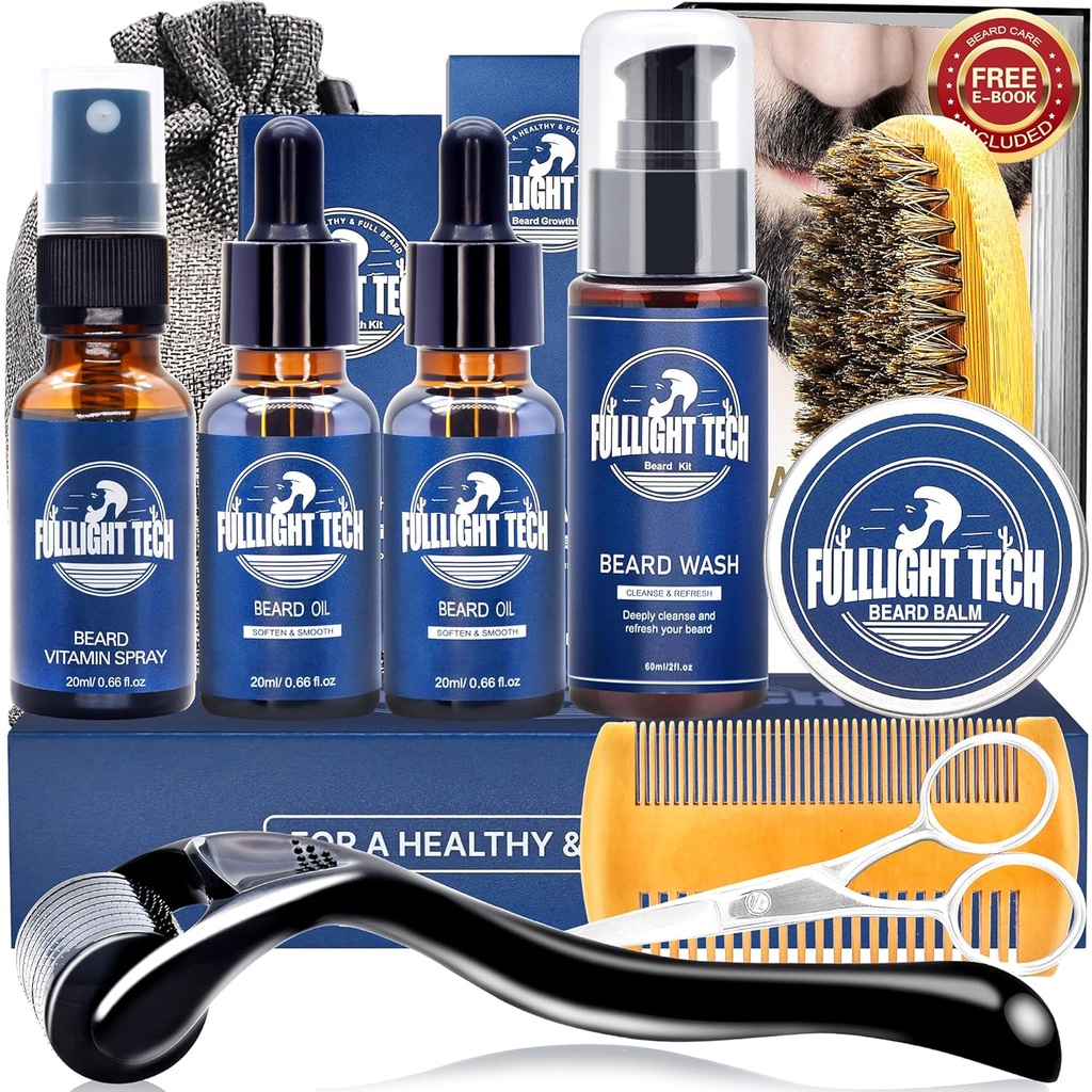 Beard Care Kit for Men-Nourish Soften Grooming Patchy Beard W/Vitamin Spray,Mustache Oil,Balm, Wash,Boar Bristle Brush,Wooden Comb,Scissors,Valentines Fathers Gifts for Men Dad Him Husband Boyfriend
