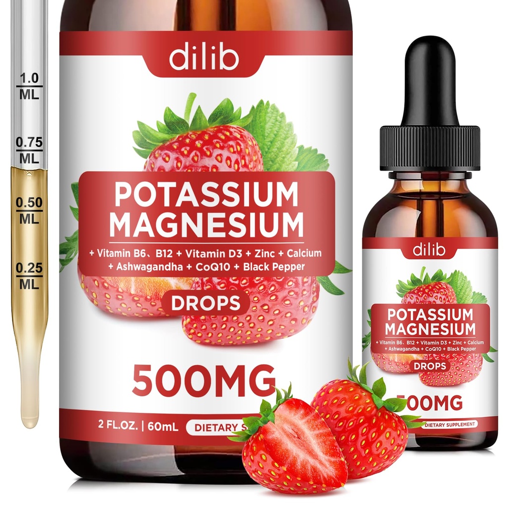 Kalium Magnesium Citrate Supplement, vloeibaar Magnesium Citrate Drops 500mg met Ashwagandha, Calcium, Zink, Vitamine D3, B6, B12, CoQ10 - Ondersteuning Kalm & Bone & Muscle & Immune Health Vegan 2 fl oz