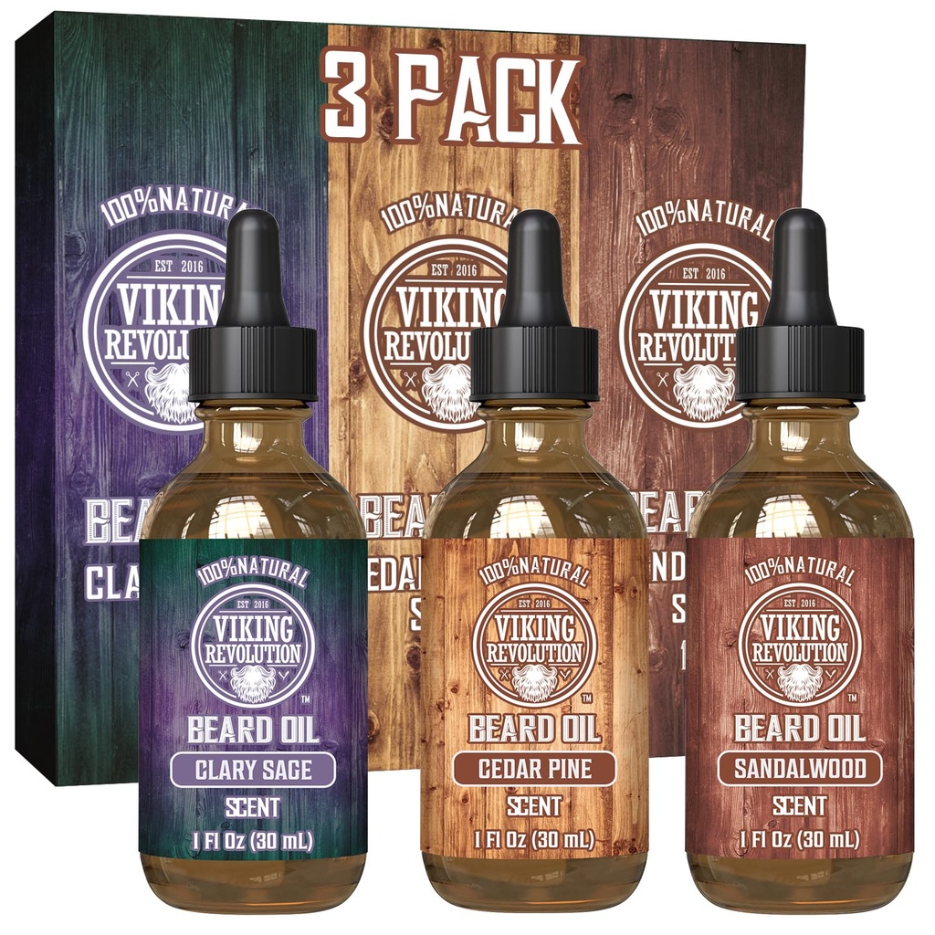 Viking Revolution Baard Olie voor mannen 3 Pack - Natuurlijke Heren Baard Olie Variëteit Set - Sandalwood, Pine en Cedar, Clary Sage Geuren - Baard Conditionering en vochtinbrengen voor een gezonde baard (3 Pack, 1oz)