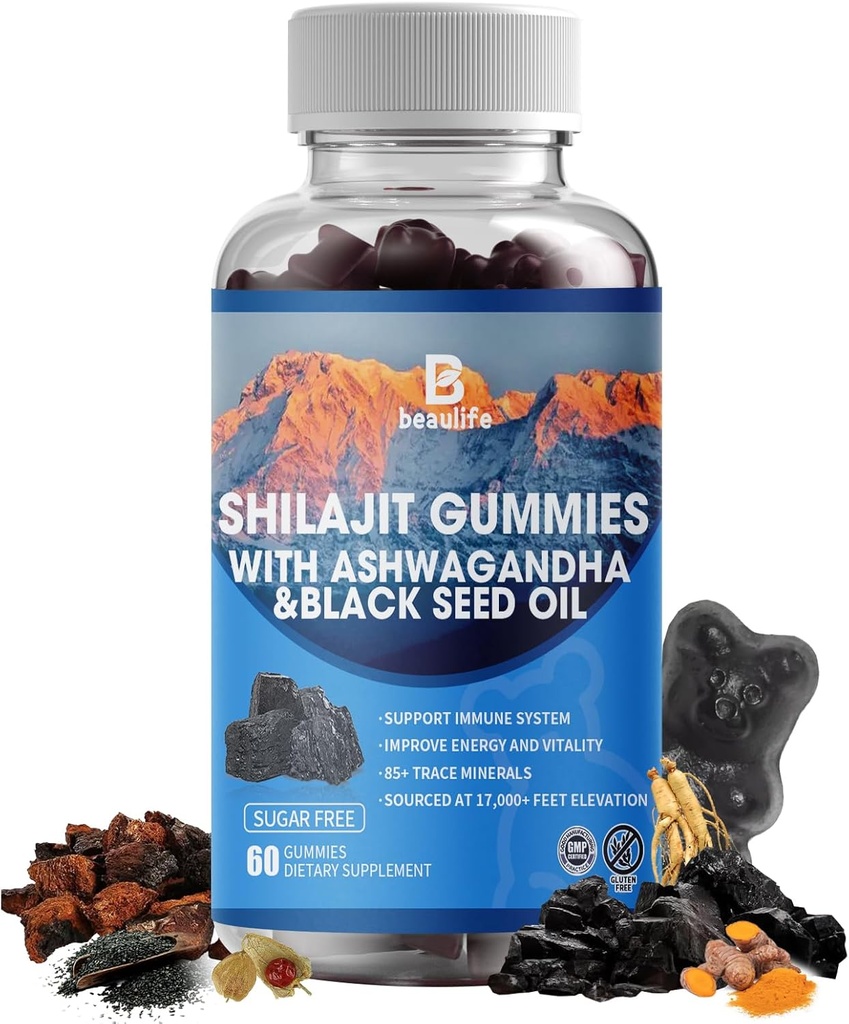 Shilajit Gummies, Shilajit, Resin, met 85+ Trace Minerals, Fulvic Acid, Phytonutriënten, Vitamine C, D, B12, Ashwagandha, Chaga Mushroom, Turmeric, voor Energie, Immune Support