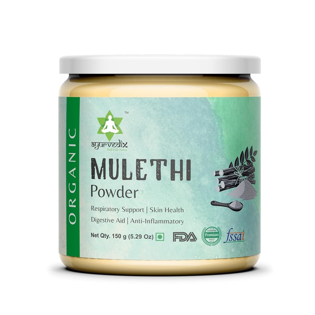 Poudre de racine de réglisse biologique Mulethi Poudre, supplément à base de plantes pour soutenir le doublage et le tube digestif sains - Non OGM, sans gluten - Glycyrrhiza Glabra - 150gm/ 5,29oz