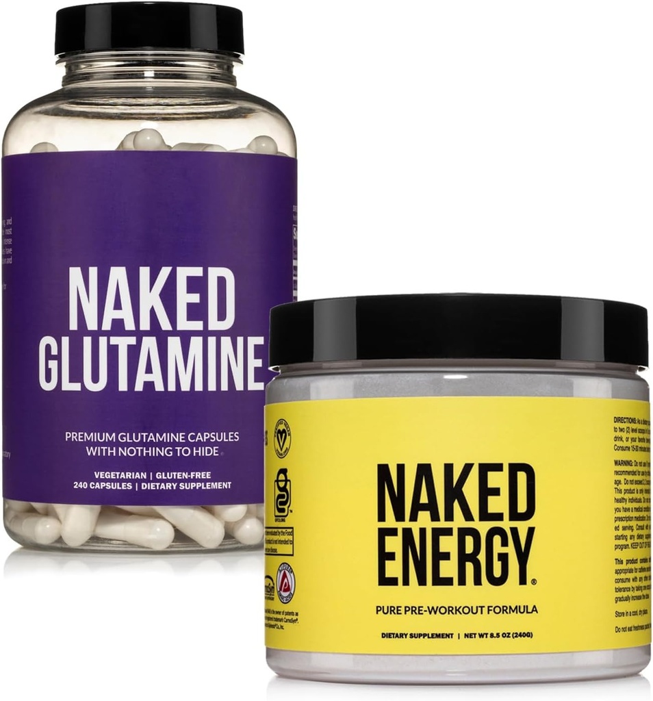 NAKED Veganiseren Muscle Recovery Bundle Unflavored Energy en 240 L-Glutamine Capsules, 1000mg