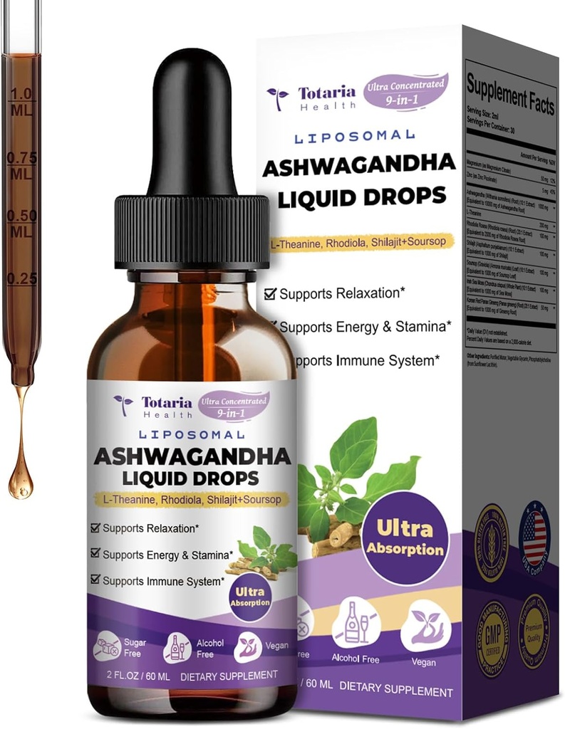 Totaria Liposomal Ashwagandha Liquid Drops w/Shilajit, Magnesium, Sousop, L-Theanine, Ultra Extact Ashwagandha Root Extract 