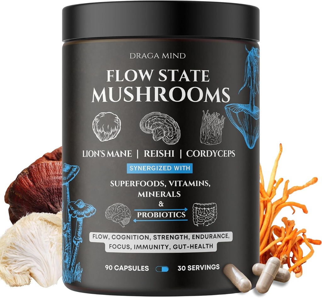 Flow Mushroom Complex with Super Foods, Vitamins and Minerals | Cordyceps, Lions Mane and Reishi Extract | Shilajit, Ashwagandha, Astaxanthin, Vitamin D3 + K2, Magnesium L threonate