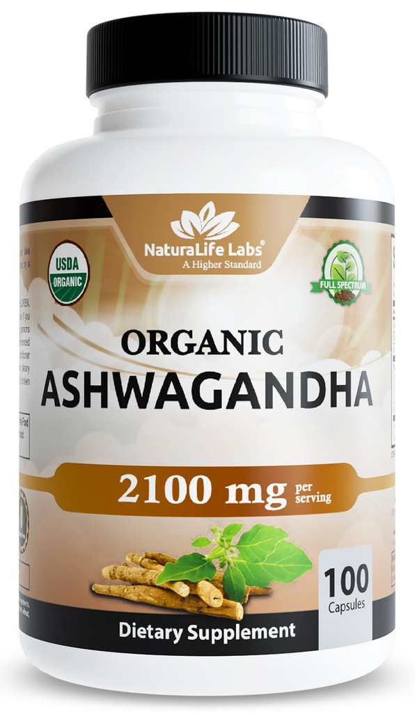 NaturaLife Labs Organic Ashwagandha 2100 mg par portion – Poudre de racine et extrait – 100 capsules – Vegan, non OGM, sans gluten