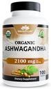 NaturaLife Labs Organic Ashwagandha 2100 mg par portion – Poudre de racine et extrait – 100 capsules – Vegan, non OGM, sans gluten