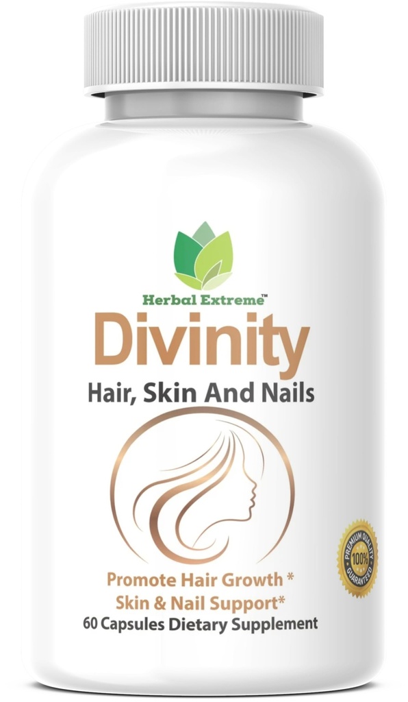 Divinity Hair, Skin and Nails 60 Capsules 5000 mcg Biotin P-amino Benzoëzuur, Horsetail extract, Fo-Ti, Bamboe extract, Stinging Nettle, Chinese Peony, Spirulina, Saw palmetto
