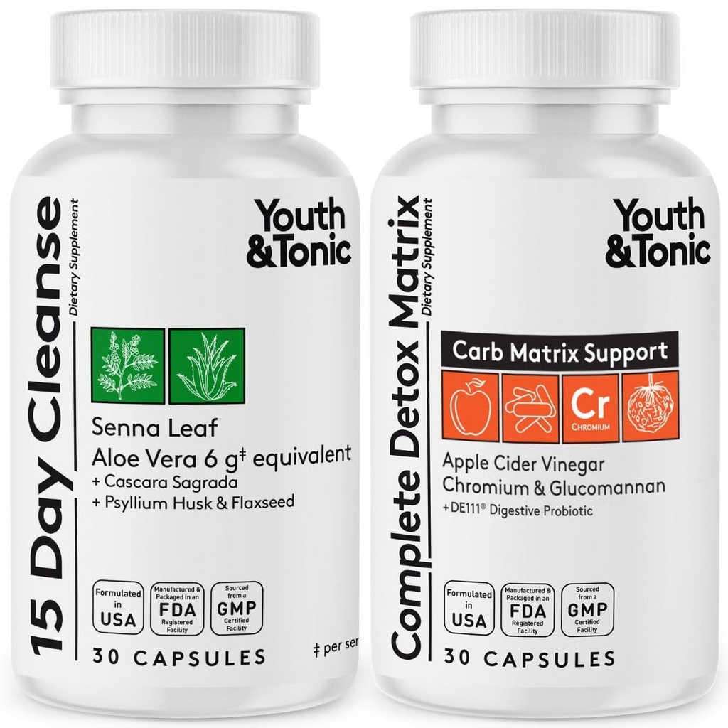 Youth & Tonic Colon Cleanser & Detox for Loss of Waste, Breaking The Plateau, Bloating. 60 Pills for Cleanse with Senna Leaf, Apple Cider Vinegar, Glucomannan and More