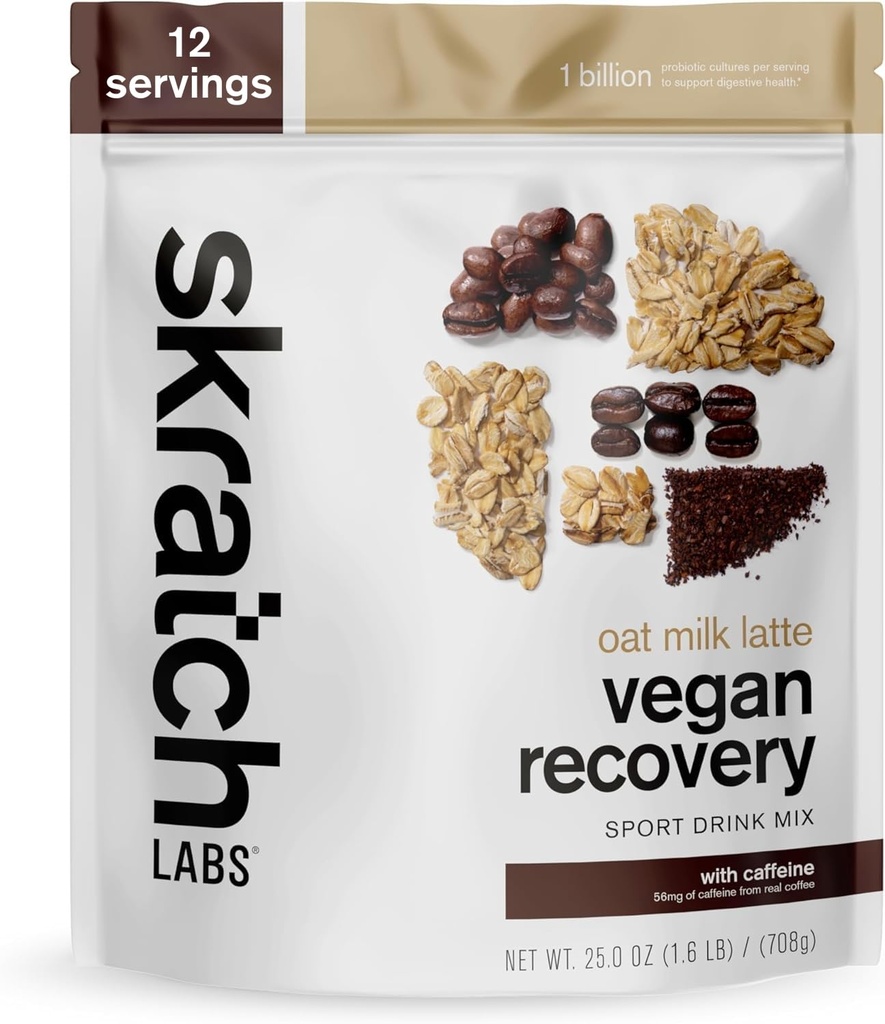 Skratch Labs Recovery Drink Mix - Latte de lait d'avoine - Poudre de post-entraînement - Probiotiques et protéines végétales complètes - 56 mg de caféine du café - 12 portions - Sans gluten, sans casher, sans OGM
