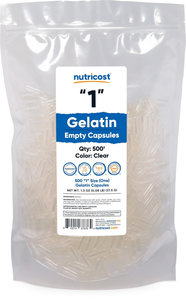Nutricost Capsules vides Gélatine Taille 1-500 Capsules de gel vides claires '1' - Casher, non-OGM, sans soja, sans gluten