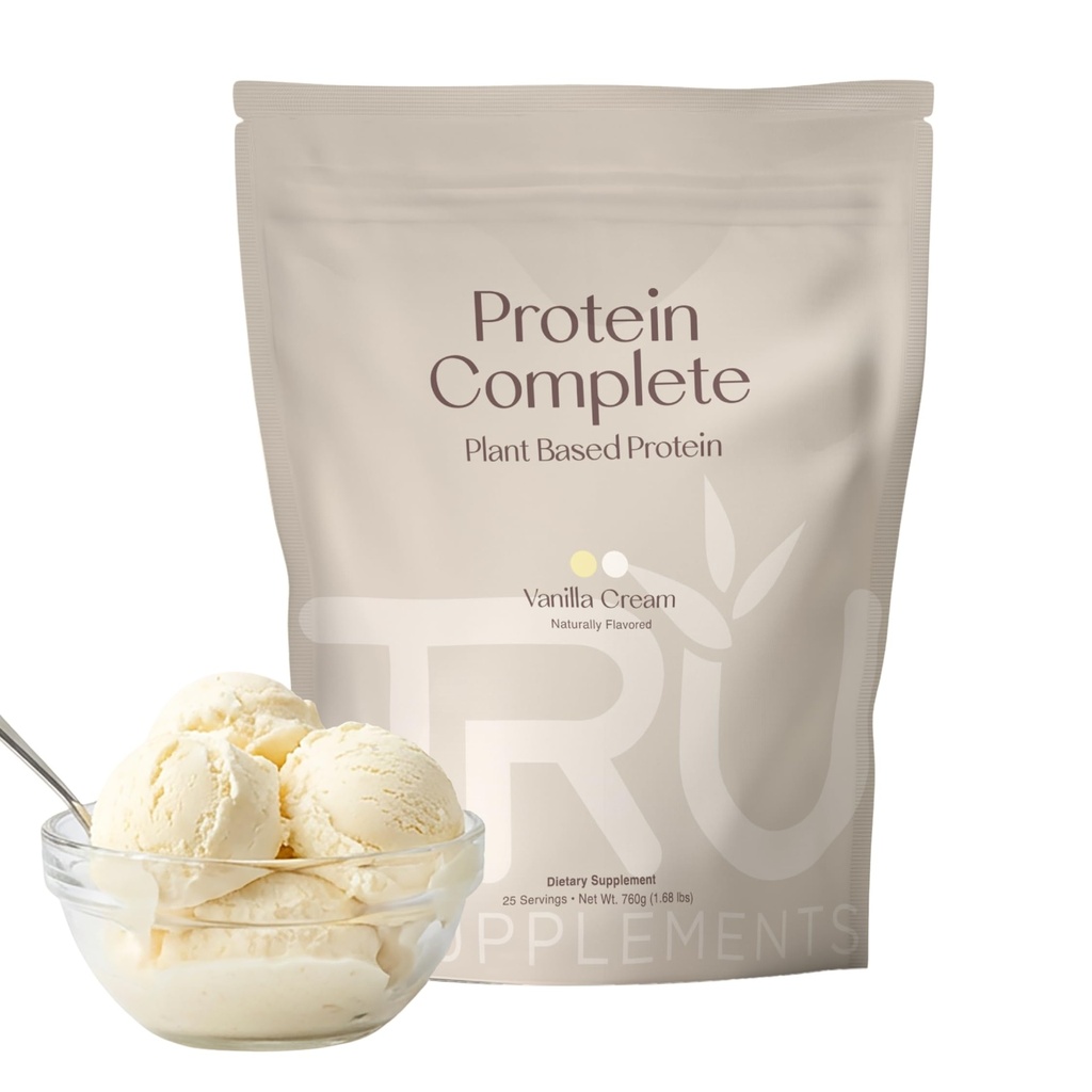 Suppléments TRU Poudre de protéines à base végétale, BCAA, EAA, 20g Riz brun végétalien et protéines de pois, 100 calories, 27 vitamines, pas d'arôme artificiel 25 portions (Vanilla)