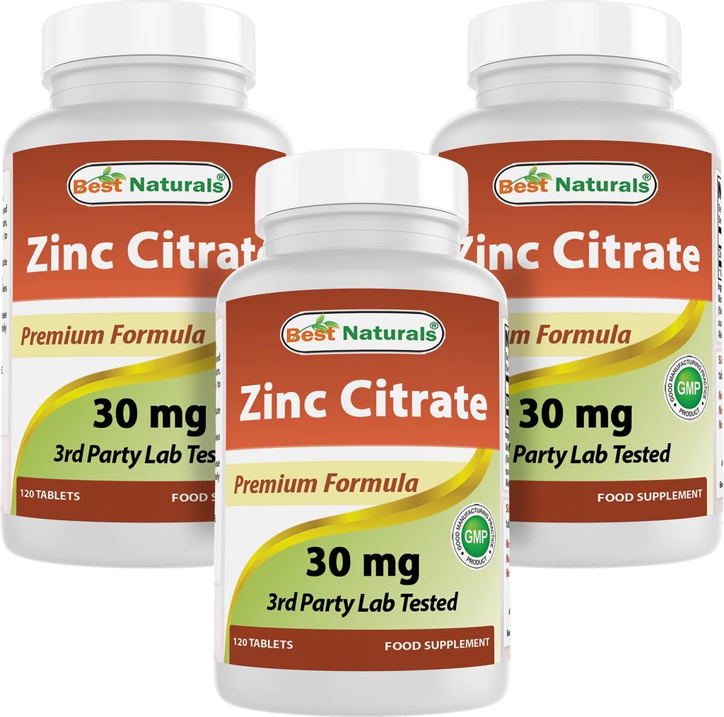 Best Naturals Zink 30mg Supplementen (als Zink Citroen) - zink Vitaminen voor Volwassenen Immuun Ondersteuning - 120 tabletten (Pack of 3)
