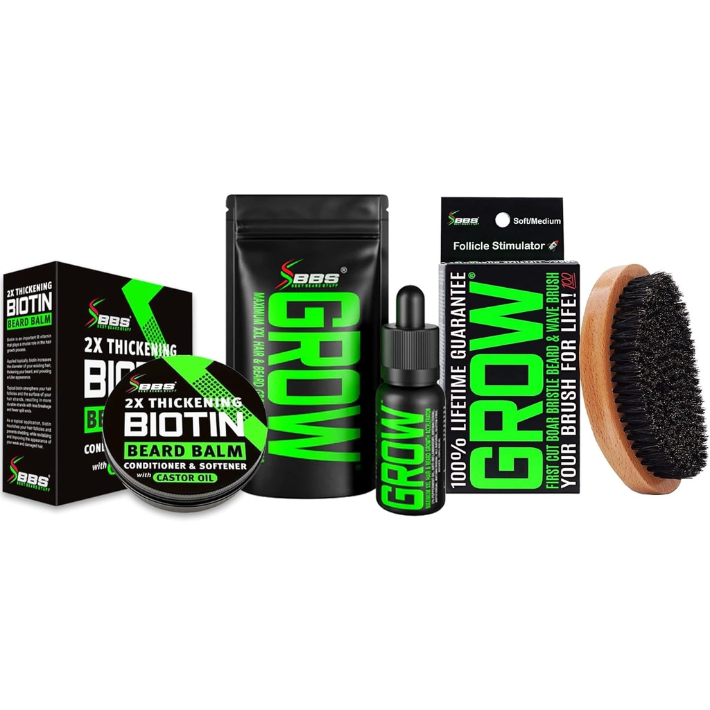 Baardgroei Kit w/GROW XXL Baardolie/Serum voor gezichtsgroei voor mannen + 100% Lifetime replacement Boar Bristle Brush + 2X Verdovende Biotin Snor Wax & Balm voor mannen - Geformuleerd in Amerika