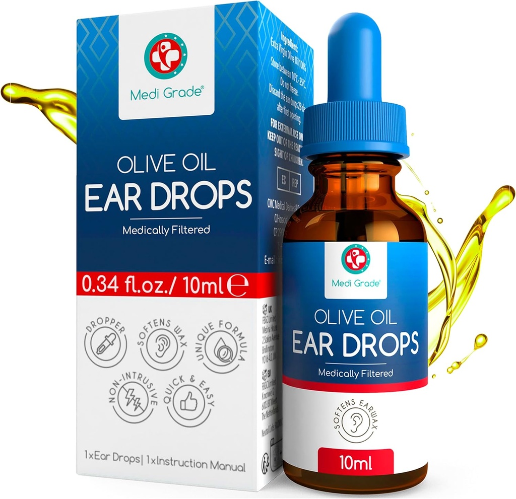 Media Grade Olive Oil oordruppels voor was verwijderen en geblokkeerde oren, 10ml - 100% natuurlijke oor was verwijdering druppels met Pipet Dropper Softens en Verwijdert Verharde oorwas Buildup - Advanced Ear Wax Drops