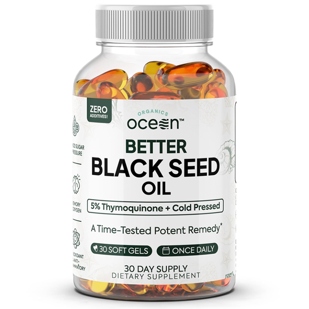 Organics Ocean Better Black Seed Oil Cold Pressed - Pure Nigella Sativa Oil for Immune Support - 5% Thymochinon - Ondersteuning Geheugen, vitaliteit en Cellular Health