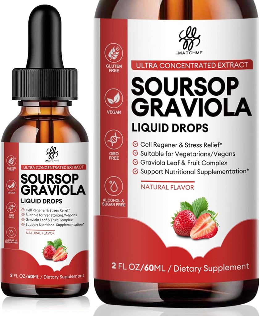 iMATCHME Soursop Graviola Liquid Drop, Soursop Bitters Liquid, Natural Soursop Leaves & Fruit Complex voor algemene wellness, suiker/caffeine/Gluten Free, aardbeien smaak, 2 Fl Oz
