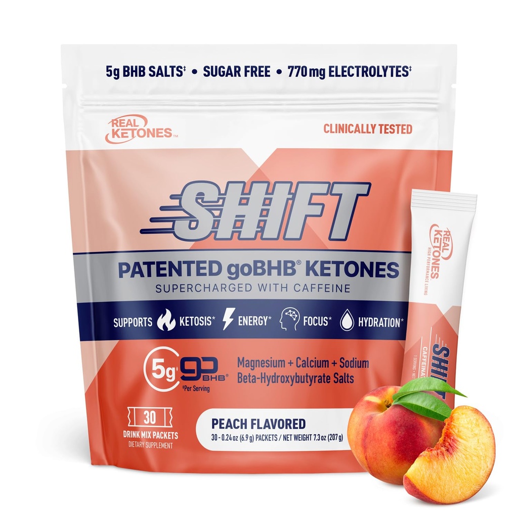 Real Ketones BHB Exogene Ketones Drink Mix Packets Keto Electrolytes Powder Packets No Sugar with 4 Main Fasting Electrolytes Plus Hydrating Patented Keto BHB - 30 Tel Peach Cafeine