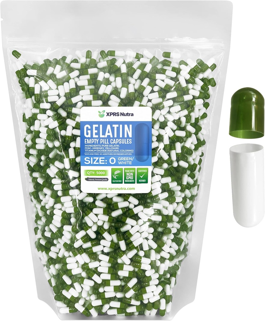 XPRS Nutra Formaat 0 Lege capsules - 5000 Graaf Lege Gelatine Capsules - Pill DIY Capsule Vulling - Pure Bovine Pill Gel Caps for Do-It-Yourself Supplements (Green/White)