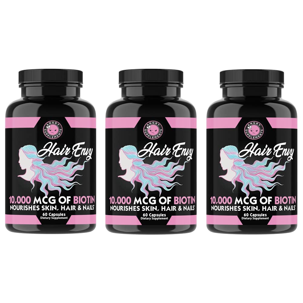 Suppléments de colère Cheveux Envy 10 000 mcg Biotine + kératine, Grandir + Hydrater les cheveux, Renforcez les ongles thicken, la peau claire et nourissante – Aide aux cheveux minces endommagés, (3-bouteilles)