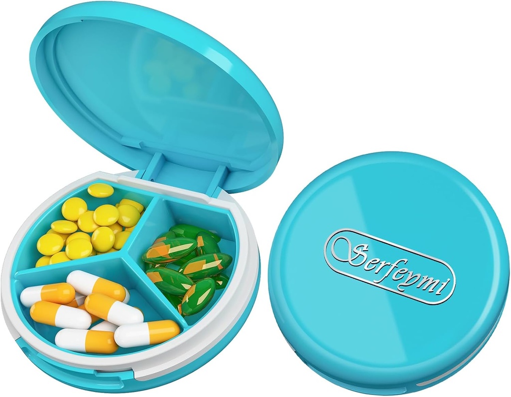 Serfeymi Small Pill Box - 3 Compartiments Portable Pill Box for Purse Pocket, Compact Mini Travel Pill Case - Geschikt voor medicijnen, vitamine, visolie, supplementen - licht blauw(Logo)