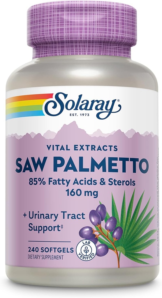 SOLARAY Saw Palmetto Extract - Prostaat Gezondheid en Urinaire Tract Ondersteuning - 136 mg vetzuren en sterolen - Lab geverifieerd, 60-dagen geld-terug garantie (240 porties, 240 Softgels)