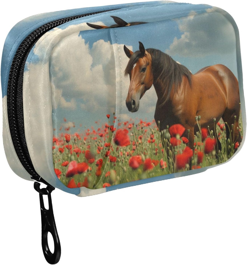 Fustylead Mane Horse Walking in Poppy Flower Field Pill Organizer Case with Zipper 2 Times A Day for Vitamine and supplement, 7 Day Travel Organizer Medicine Case