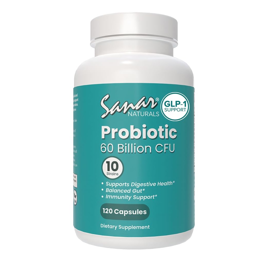Sanar Naturals Probiotiques 60 milliards CFU – 10 souches + prébiotiques - soutient la santé immunitaire, digestive et gustative - probiotiques pour les femmes et les hommes - végétalien, non-OGM, sans gluten, 120 capsules