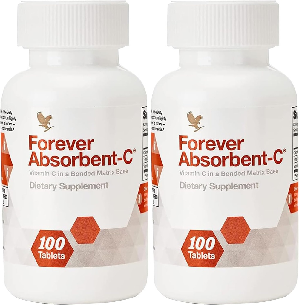 Pour toujours vivre - Absorbant-C - Orange, Miel Saveur avec Bran d'avoine - Vitamine C pour le soutien immunitaire et la santé de la peau - 100 comprimés à croquer (paquet de 2)