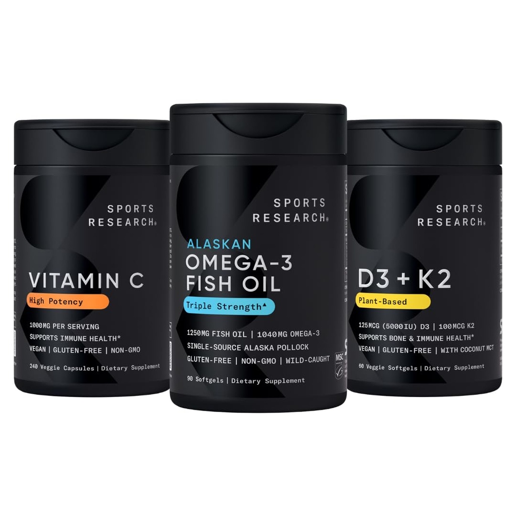 Sportonderzoek 1250 mg Omega 3 Burpless Fish Oil - Wild Alaska Pollock - (90 Count), High Potency Vegan Vitamine C 1000mg (240 Count) + Vegan 5000iu Vitamine D met 100 mcg Mk7 Vitamine K (60 Count)
