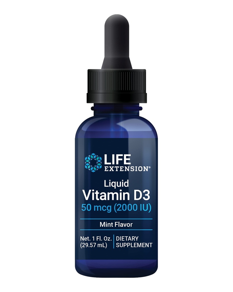 Prolongation de la durée de vie Vitamine liquide D3 (minute), 50 mcg (2000 UI), système immunitaire, santé des os, santé des corps entiers, goût de menthe poivrée, sans gluten, sans OGM, 29.57 ml