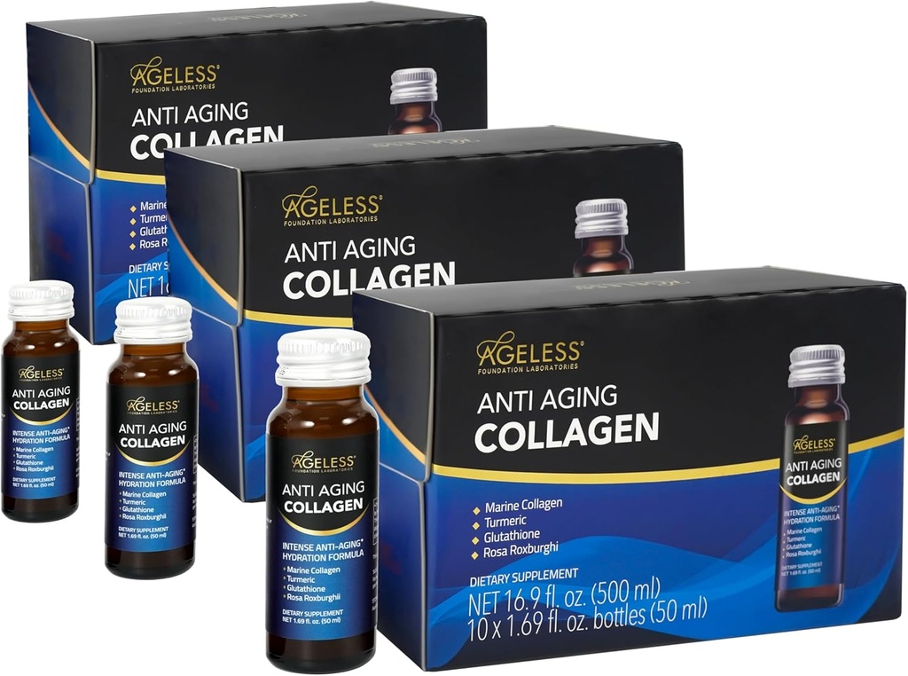 Ageless Ultra Anti Aging Liquid Collagen for Men & Women, Marine Collagen, Turmeric, Glutathione, and Rosa Roxburghii, Multi Vitamins, Skincare, Hydrating & Revitalizing Formula - 50 ml (30 Count)