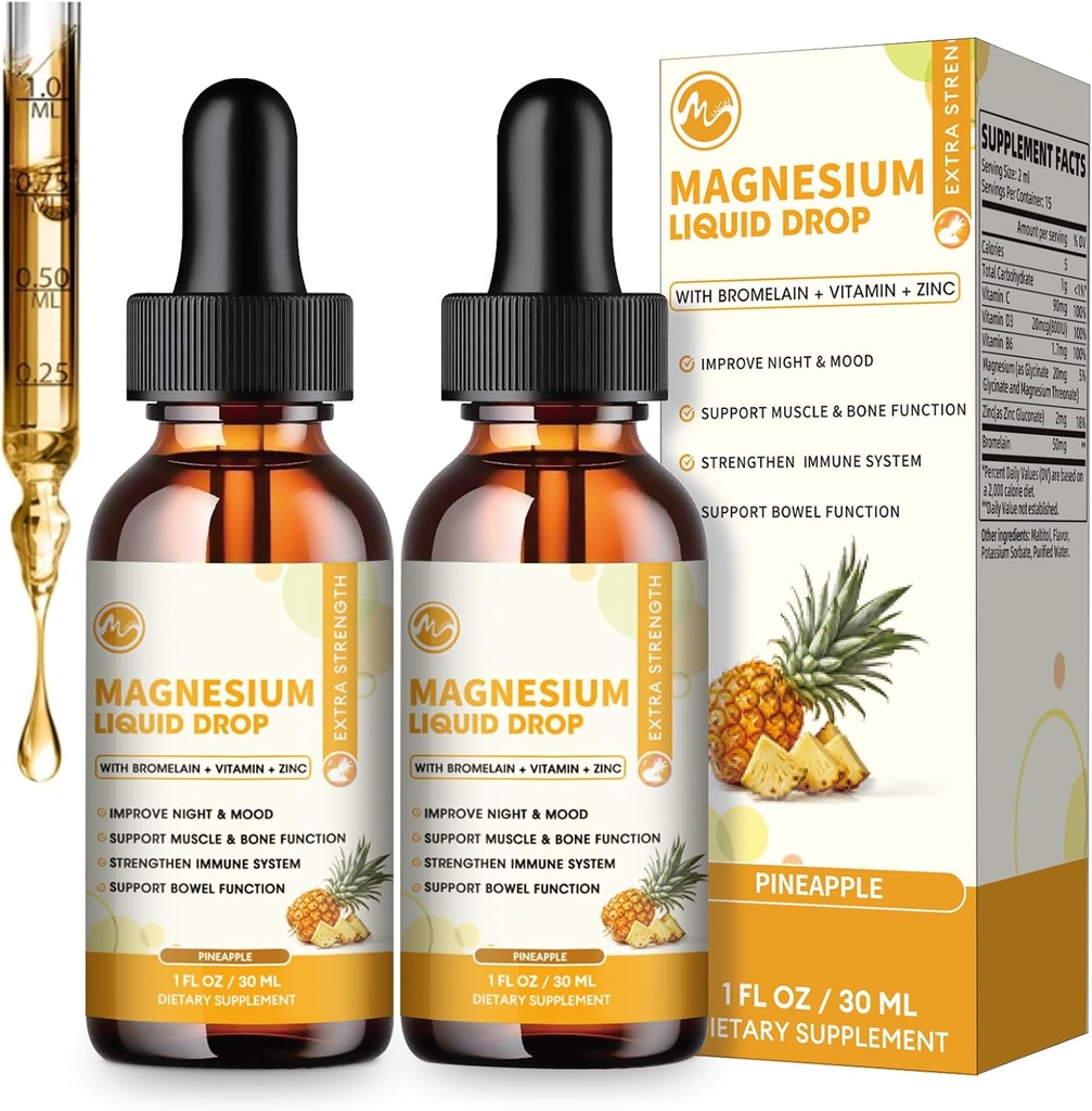 (2 Pack) M inch Magnesium Glycinate Liquid Drop, High Absorption Liquid Magnesium Complex with Bromelain, VitaminC,D3,B6 & Zinc, Threonate Supplement for Night, Mood, Muscle & Bone Support