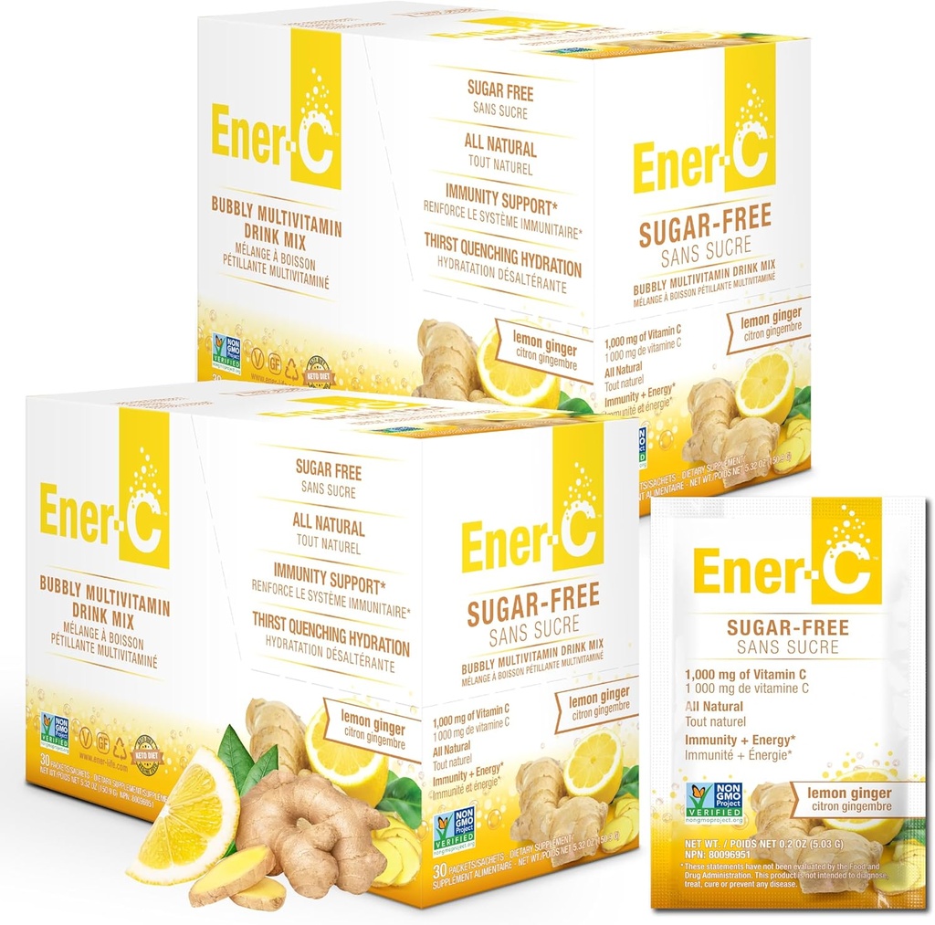 Ener-C énergie sans sucre Lemon Ginger Multivitamine boisson mélange Vitamine C 1000mg & électrolytes - Immunity support avec vrais jus de fruits en poudre - Non-OGM végétalien et sans gluten - 60 Compte